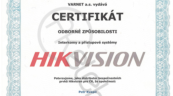 Certifikát - Interkomy a přístupové systémy