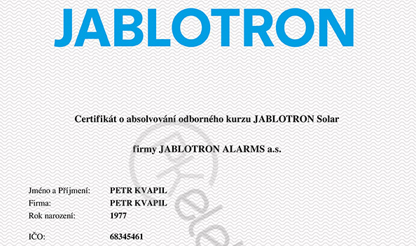 Certifikát - JABLOTRON Solar