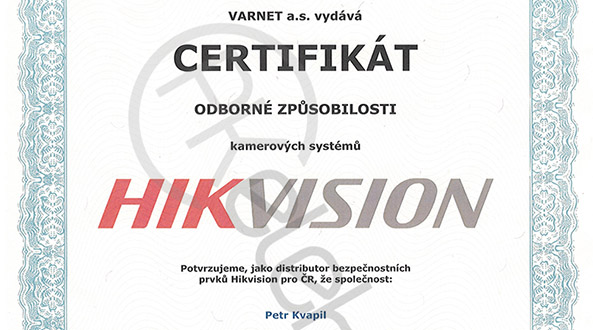 Certifikát - kamerové systémy